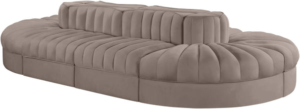 Meridian Furniture Rummi 8 Piece Modular Sectional Channel Tufted Velvet Low Profile Living Room Sofa 660Taupe-Sec8B