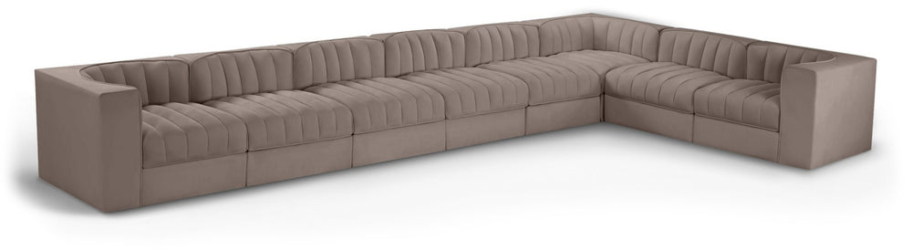 Meridian Furniture Rummi 8 Piece Modular Sectional Channel Tufted Velvet Performance Fabric Sofa Set 660Taupe-Sec8C