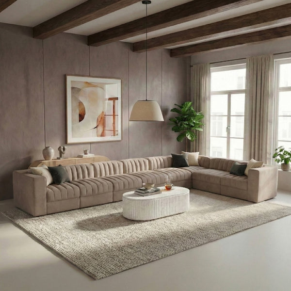 Meridian Furniture Rummi 8 Piece Modular Sectional Channel Tufted Velvet Performance Fabric Sofa Set 660Taupe-Sec8C