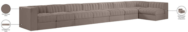 Meridian Furniture Rummi Eight Piece Modular Sectional Taupe Velvet Channel Tufted Low Profile Sofa 660Taupe-Sec8D