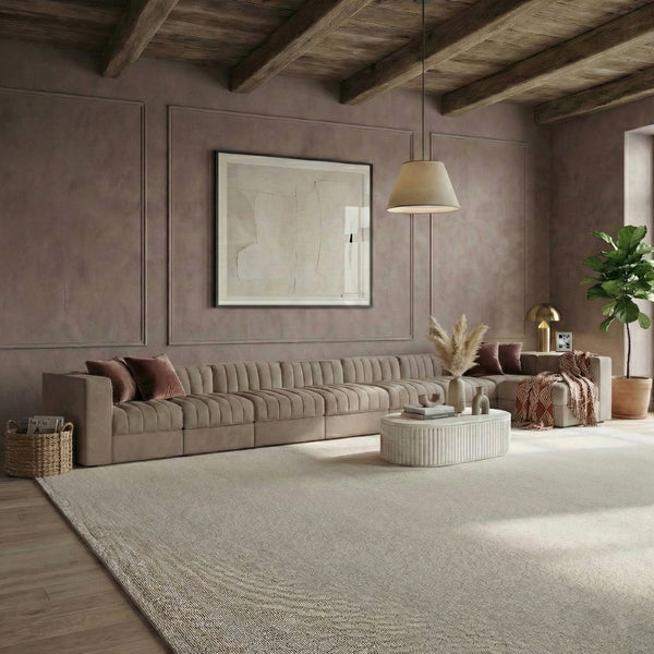 Meridian Furniture Rummi Eight Piece Modular Sectional Taupe Velvet Channel Tufted Low Profile Sofa 660Taupe-Sec8D