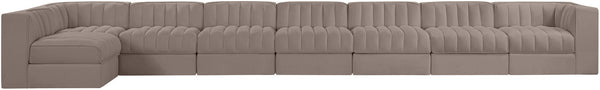 Meridian Furniture Rummi Eight Piece Modular Sectional Taupe Velvet Channel Tufted Low Profile Sofa 660Taupe-Sec8D