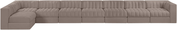 Meridian Furniture Rummi Eight Piece Modular Sectional Taupe Velvet Channel Tufted Low Profile Sofa 660Taupe-Sec8D