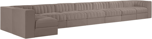 Meridian Furniture Rummi Eight Piece Modular Sectional Taupe Velvet Channel Tufted Low Profile Sofa 660Taupe-Sec8D