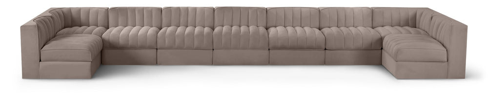 Meridian Furniture Rummi 9 Piece Modular Sectional Velvet Upholstered Channel Tufted Living Room Sofa 660Taupe-Sec9A