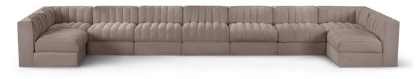 Meridian Furniture Rummi 9 Piece Modular Sectional Velvet Upholstered Channel Tufted Living Room Sofa 660Taupe-Sec9A