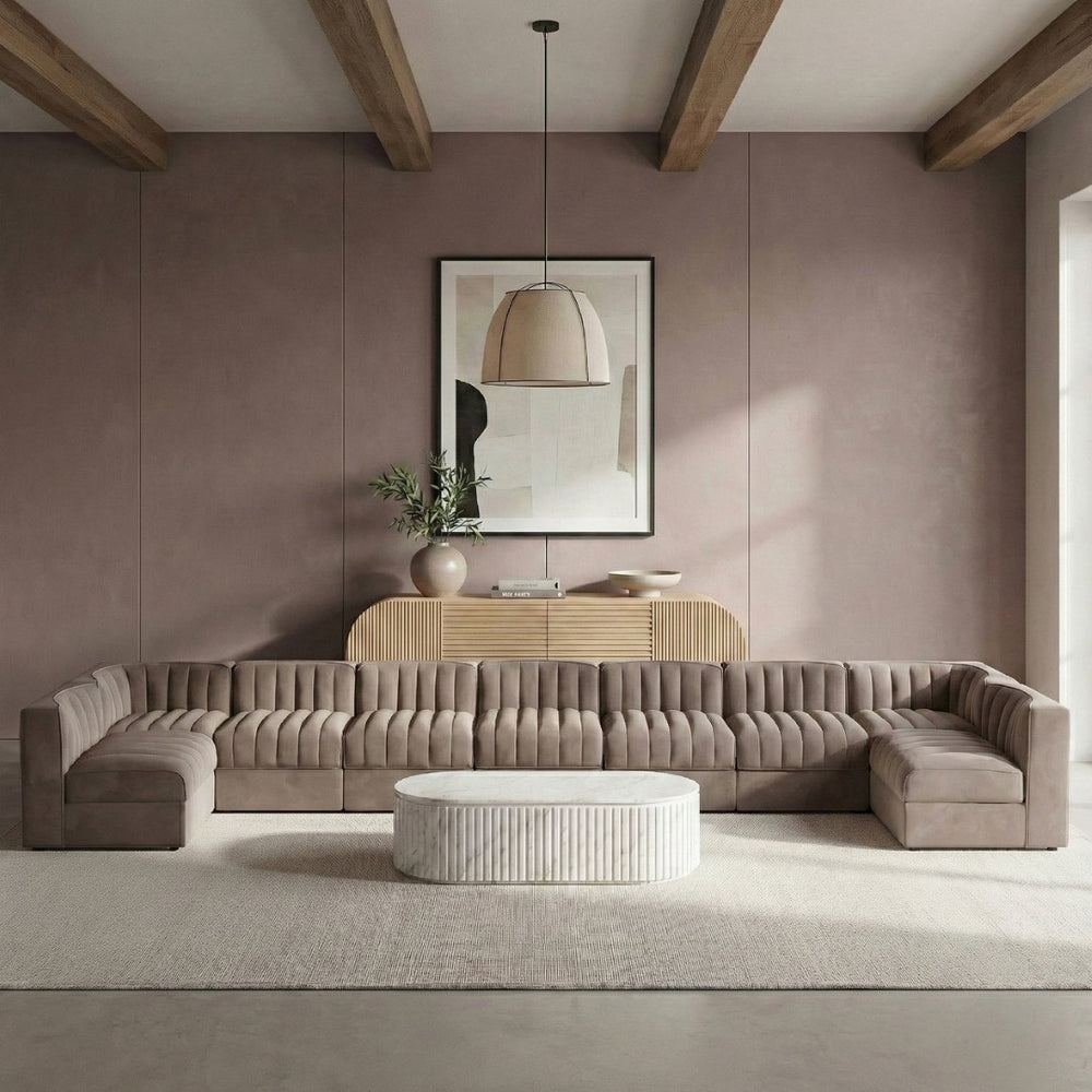 Meridian Furniture Rummi 9 Piece Modular Sectional Velvet Upholstered Channel Tufted Living Room Sofa 660Taupe-Sec9A