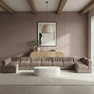 Meridian Furniture Rummi 9 Piece Modular Sectional Velvet Upholstered Channel Tufted Living Room Sofa 660Taupe-Sec9A
