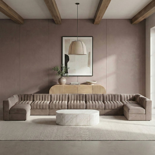 Meridian Furniture Rummi 9 Piece Modular Sectional Velvet Upholstered Channel Tufted Living Room Sofa 660Taupe-Sec9A