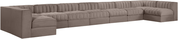 Meridian Furniture Rummi 9 Piece Modular Sectional Velvet Upholstered Channel Tufted Living Room Sofa 660Taupe-Sec9A