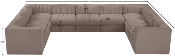 Meridian Furniture Rummi Nine Piece Modular Sectional Taupe Velvet Channel Tufted Low Profile Sofa 660Taupe-Sec9B