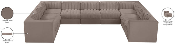 Meridian Furniture Rummi Nine Piece Modular Sectional Taupe Velvet Channel Tufted Low Profile Sofa 660Taupe-Sec9B