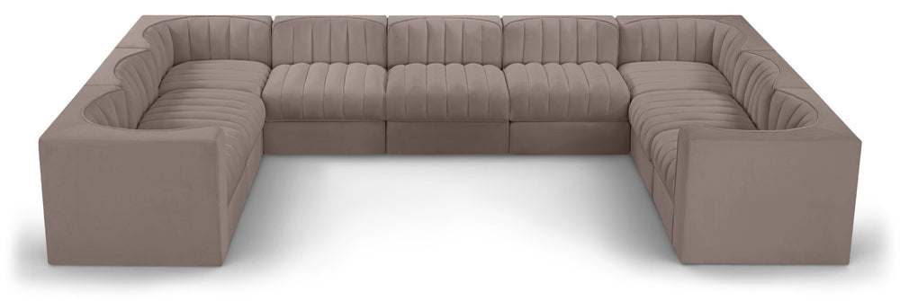 Meridian Furniture Rummi Nine Piece Modular Sectional Taupe Velvet Channel Tufted Low Profile Sofa 660Taupe-Sec9B