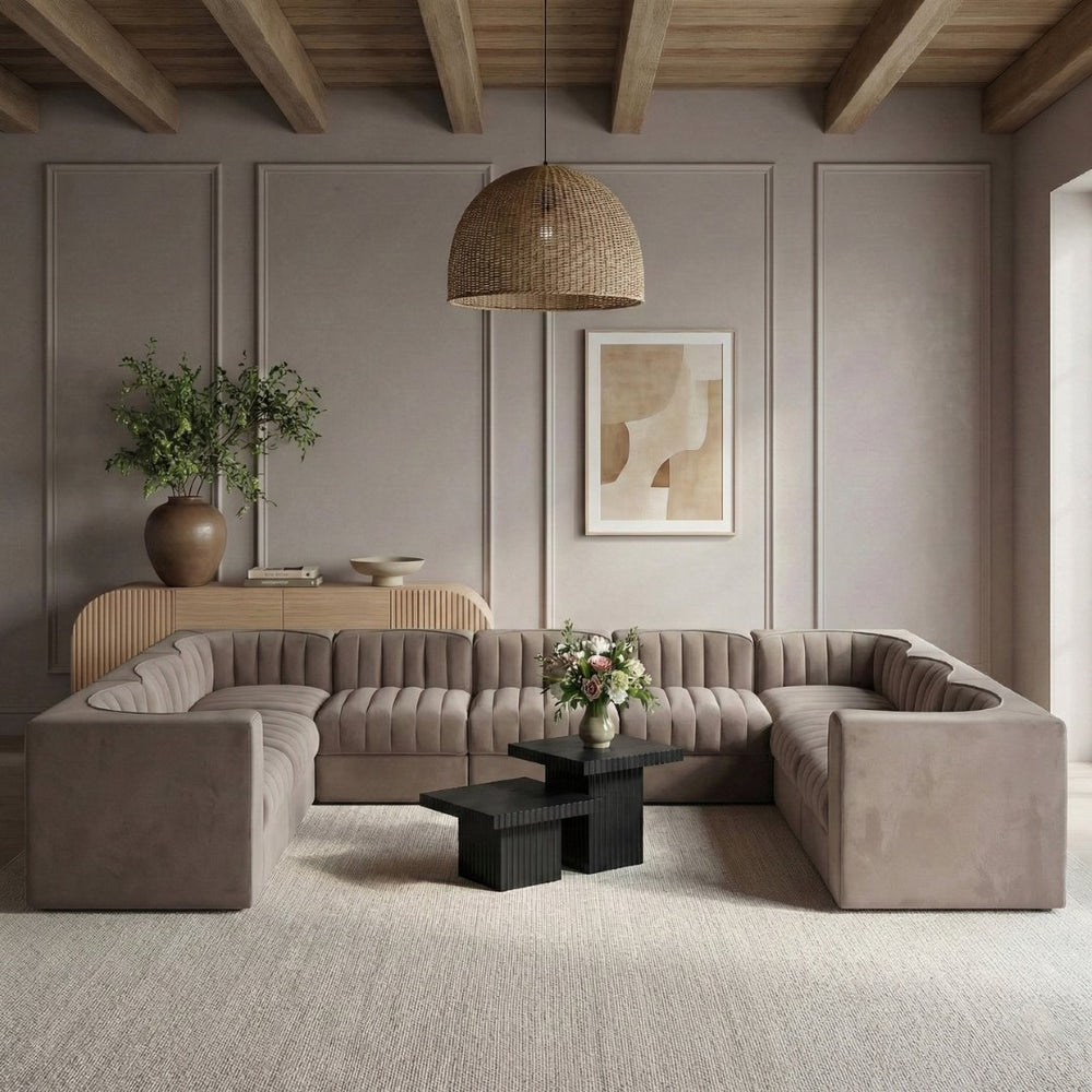 Meridian Furniture Rummi Nine Piece Modular Sectional Taupe Velvet Channel Tufted Low Profile Sofa 660Taupe-Sec9B