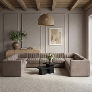Meridian Furniture Rummi Nine Piece Modular Sectional Taupe Velvet Channel Tufted Low Profile Sofa 660Taupe-Sec9B