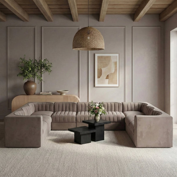 Meridian Furniture Rummi Nine Piece Modular Sectional Taupe Velvet Channel Tufted Low Profile Sofa 660Taupe-Sec9B