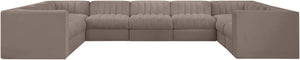 Meridian Furniture Rummi Nine Piece Modular Sectional Taupe Velvet Channel Tufted Low Profile Sofa 660Taupe-Sec9B