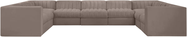 Meridian Furniture Rummi Nine Piece Modular Sectional Taupe Velvet Channel Tufted Low Profile Sofa 660Taupe-Sec9B