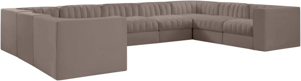 Meridian Furniture Rummi Nine Piece Modular Sectional Taupe Velvet Channel Tufted Low Profile Sofa 660Taupe-Sec9B
