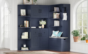 English Elm Multifunctional Modular Hall Tree Cabinet with Open Shelves and Hooks for Entryway Antique Blue W1580S00520