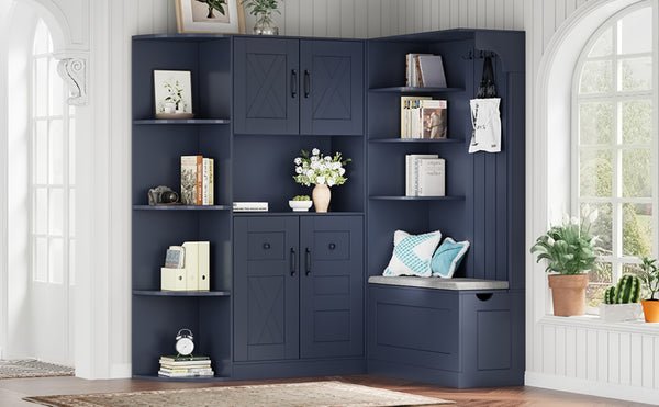 English Elm Multifunctional Modular Hall Tree Cabinet with Open Shelves and Hooks for Entryway Antique Blue W1580S00520