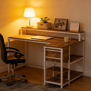 English Elm Writing Desk with Five Drawers Reversible Cabinet Home Office Vanity Workstation T3971P450851