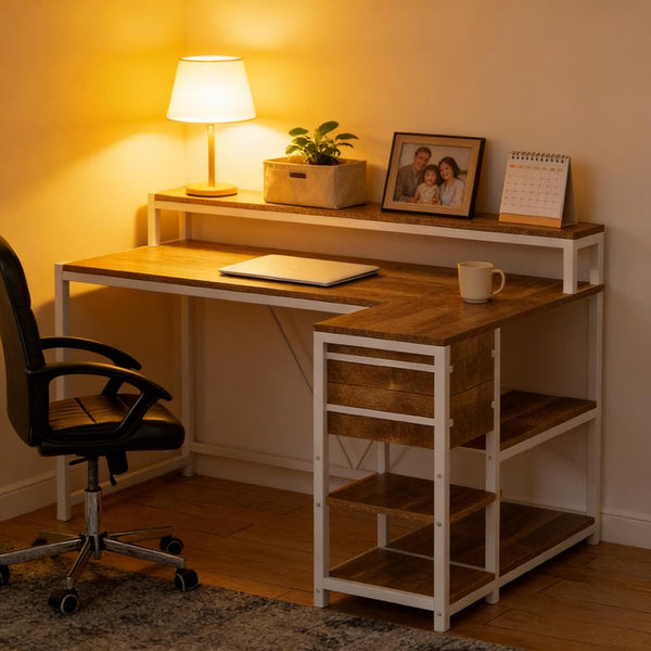 English Elm Writing Desk with Five Drawers Reversible Cabinet Home Office Vanity Workstation T3971P450851