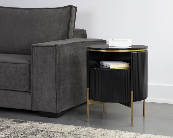 Sunpan Paloma End Table - Luxurious Sculptural Design with Antique Gold Accents for Elegant Interiors Black