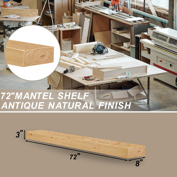 English Elm Fireplace Mantel - 72" Handcrafted Solid Wood Floating Shelf For Rustic Wall Display & Decor T3210P391509