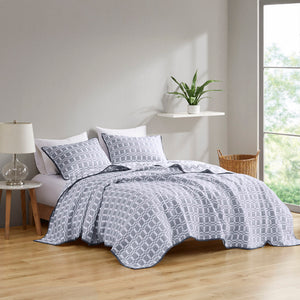JLA Home Madison Park - 3 Piece Reversible Matelassé Coverlet Set with Lightweight Checked Texture, Machine Washable, Dual-Style Bedding Grey MP13-8307
