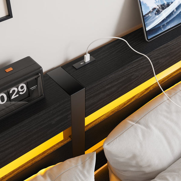 English Elm Queen Metal Bed Frame with Wooden Headboard, Built-In USB Charging, RGB App Lights, Storage Shelf, 10.6" Clearance, Noise-Free, Rustic Finish Black W840P209907