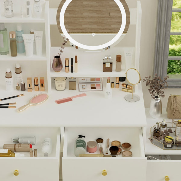 English Elm Fashion Vanity Desk With Adjustable Led Mirror, Cushioned Chair & Ample Storage For Effortless Beauty W2699P214617