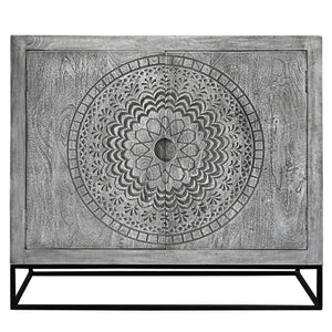 English Elm Zera Handcrafted 39" Accent Cabinet – Sandblasted Gray Mango Wood, Medallion Doors, Iron Stand B056P390833