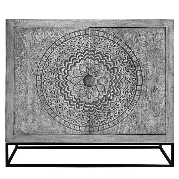 English Elm Zera Handcrafted 39" Accent Cabinet – Sandblasted Gray Mango Wood, Medallion Doors, Iron Stand B056P390833