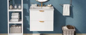 English Elm Modern 24-Inch Wall-Mounted Bathroom Vanity with 2 Drawers, Gold Handles, Space-Saving Luxury White WF324047AAK