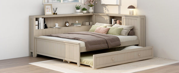 English Elm Full Full Size Wood Daybed with Trundle, Antique White Milk Finish, Built-In Storage Shelves & Charming Design N7090002225K