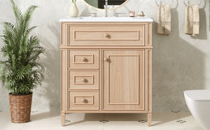 English Elm "30'' 30 Inch Freestanding Bathroom Vanity Solid Pine Cabinet Ceramic Sink Soft Close Storage N725P375498T