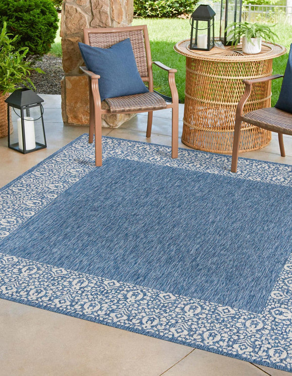 Unique Loom Outdoor Border Floral Border Machine Made Floral Rug Blue, Ivory 10' 8" x 10' 8"