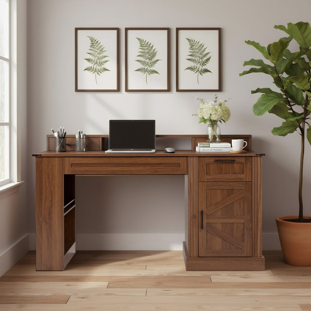 English Elm 55" Farmhouse Writing Desk with Cabinet Charging Station Pegboard and Monitor Stand Dark Walnut W2917S00009