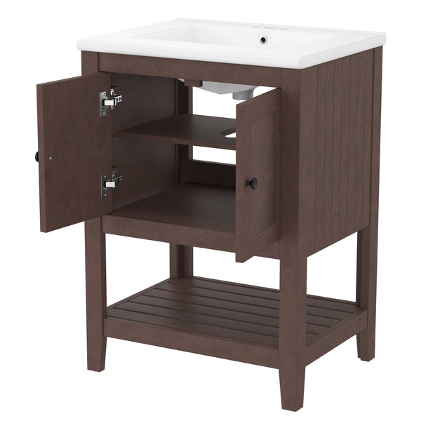 English Elm 24" Modern Sleek Bathroom Vanity with Ceramic Sink, Solid Wood Frame, Waterproof Finish and Open Shelf Storage Brown N725P246473D
