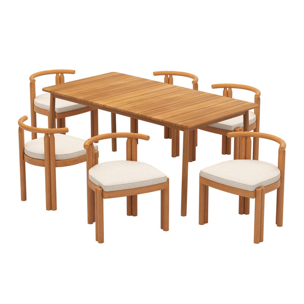 English Elm Christopher Knight Home® - Cove Teak & Beige 7PC Armless Outdoor Patio Dining Set — Acacia Wood Table, Ergonomic Cushions COVEARMLESS7PCSET