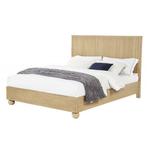 English Elm Queen Fluted Wood Platform Bed with Round Feet, Light Oak Finish—Modern Minimalist, Sculptural Warmth B011S01966