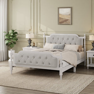 English Elm Traditional Solid Wood Bed Frame with Tufted Upholstered Headboard, No Box Spring Needed, Sturdy 400 lb Capacity Antique White 57.5 L x 22.5 W x 10.5 H N701P242546K