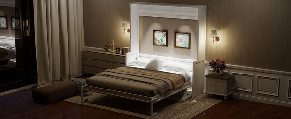 English Elm Queen Murphy Bed with Desk, Built-In LED Lights, USB Charging Ports & Space-Saving Modern Design White N7500004014K
