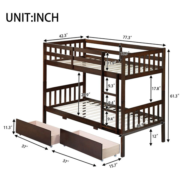 English Elm Twin Over Rubberwood Bunk Bed Convertible with Storage Drawers and Safety Rails W504S00298