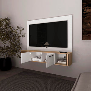 English Elm White Entertainment Center with Natural Oak Finish, 4 Shelves & Cable Management for Clutter-Free Living Room Storage B062P290235