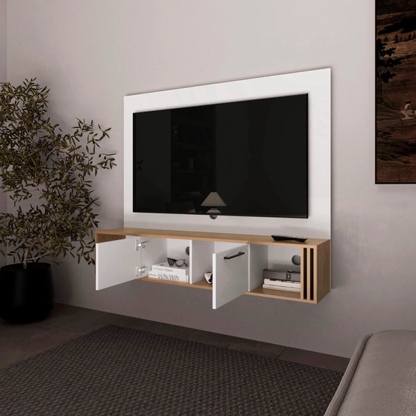 English Elm White Entertainment Center with Natural Oak Finish, 4 Shelves & Cable Management for Clutter-Free Living Room Storage B062P290235