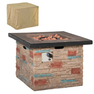 English Elm Outsunny 32 Inch Outdoor Propane Gas Fire Pit Table with 50,000 BTU, Faux Stone Square Design, Lava Rocks, Rain Cover Brown W2225P217255