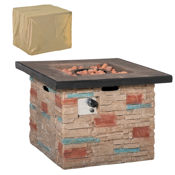 English Elm Outsunny 32 Inch Outdoor Propane Gas Fire Pit Table with 50,000 BTU, Faux Stone Square Design, Lava Rocks, Rain Cover Brown W2225P217255