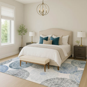 HomeRoots 9' Indoor/Outdoor Washable Area Rug in Denim Blue, Ivory & Gray - Modern Abstract Design, Durable! 661001